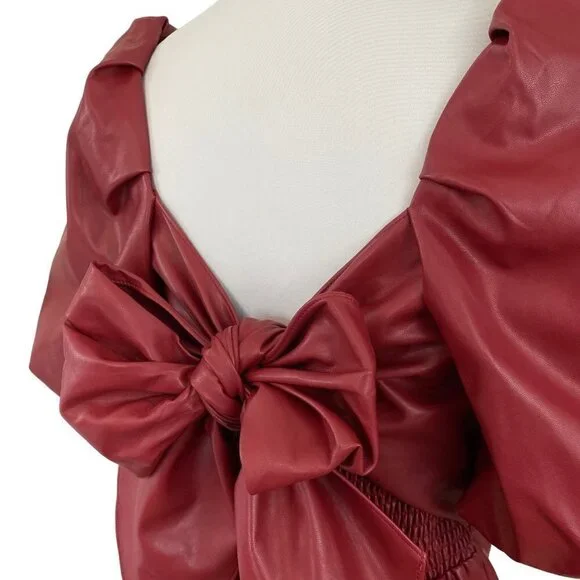 Mare Mare x Anthropologie Red Faux Leather Puff Sleeve Bow Back Dress Medium - Picture 9 of 14